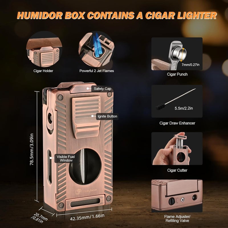 LIHTUN Cigar Humidor, Leather Cedar Wood Travel Cigar Case and Multifunctional in 1 Cigar Lighter Set Portable Travel Humidor Box Cigar Gift for Men (Brown) - Image 3